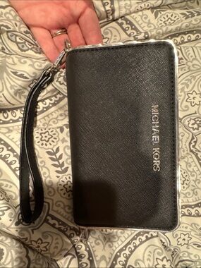 Michael Kors Black Leather Wristlet Phone Pouch with Silver Trim